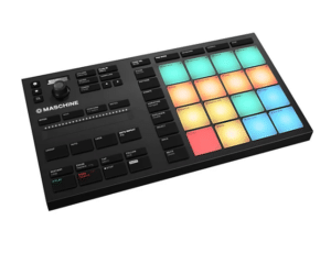 A black MASCHINE music controller with an array of colorful backlit pads, buttons, and a rotary knob on a white background—perfect for those seeking creative gift ideas for musicians.